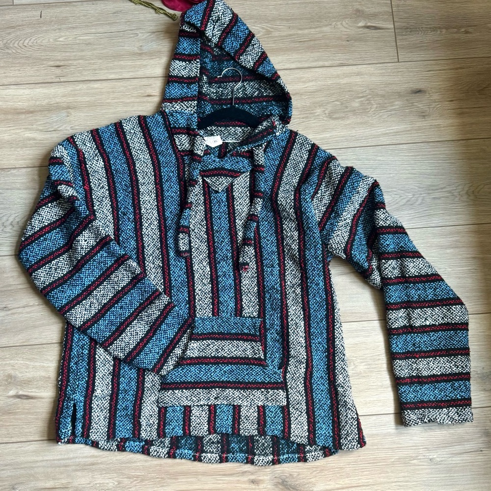 red white and blue poncho